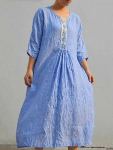 Embroidered 3/4 Sleeves Casual Linen Dresses