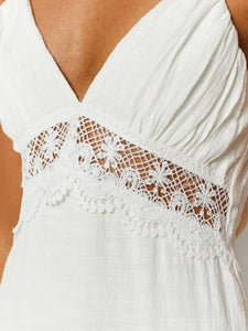 Deep V-Neck White Linen Dress