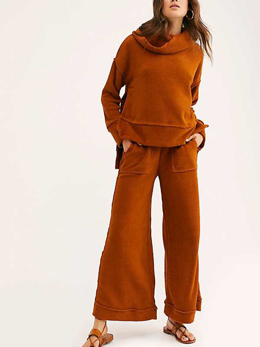 Orange Turtleneck Knitted Long Sleeve Hem Split Set