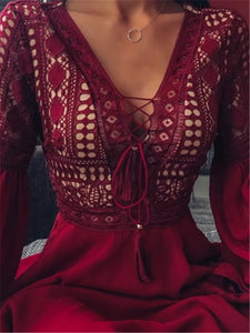 Sexy Mini Dress With Lace V Neck Flared Sleeves