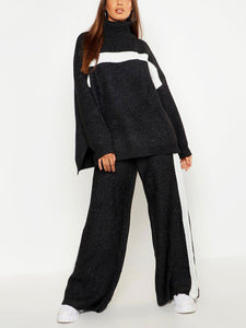 Loose Casual Turtleneck Long Sleeve Top Wide Leg Pants Knitted Suit