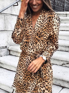 V-neck Long-sleeved Leopard Dress