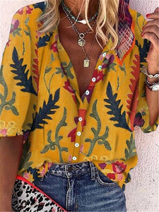 Retro Plant Print Casual Loose Button T-shirts