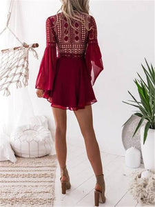 Sexy Mini Dress With Lace V Neck Flared Sleeves