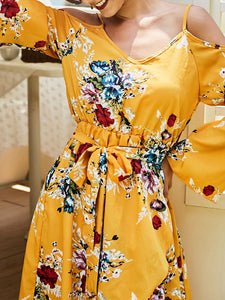 Floral Print Cold Shoulder Wrap Dress