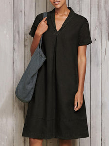 Paneled Solid Lapel Side Pockets Casual Midi Dress