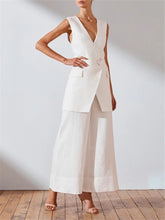 Load image into Gallery viewer, Solid Color Simple V Neck Sleeveless Wide Leg Pants Suit