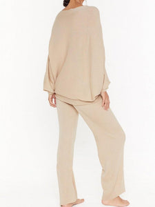 Solid Color Round Neck Knitted Bat Sleeve Top Pants Two-piece Suit