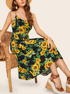 Sling High Waist Button Up Sunflower Print Midi Dress