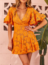 Load image into Gallery viewer, Sexy Sunset Yellow Lace Flare Sleeve Ruffle Hem Dress