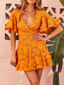 Sexy Sunset Yellow Lace Flare Sleeve Ruffle Hem Dress