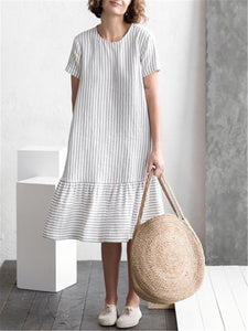 Fashion Cotton Linen Striped Stitching Loose Midi Dresses