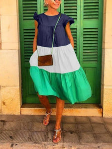 Color Panel Short Sleeve Midi Dress