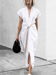 White Lace-Up V-Neck Simple Linen Dress