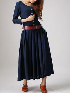 Cotton and Linen Casual Button Long Sleeve Dress