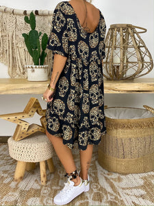 Skull Print Loose Deep V-Neck Short Sleeve Casual Dress