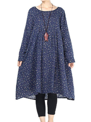 Small Print Large Size Long Sleeved Pocket Dress