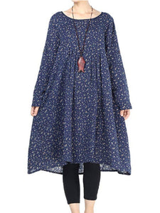 Small Print Large Size Long Sleeved Pocket Dress