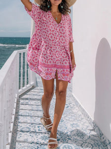 V Neck Printed Loose Boho Mini Dress with Pockets