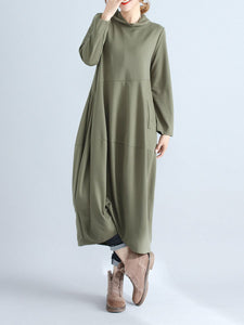 Vintage High Neck Cotton and Linen Stitching Long Sleeve Dress