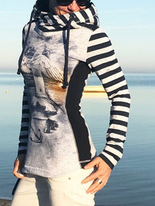 Striped Printed Hooded Long Sleeve Sweatshirt