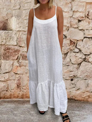 Pockets Spaghetti Linen Maxi Dresses