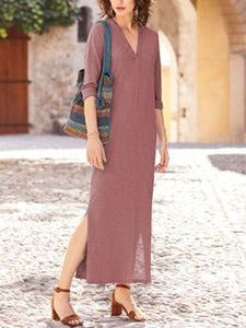 Temperament V-Neck Loose Short-Sleeved Solid Color Casual Dress