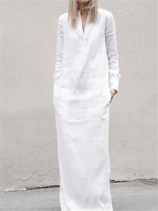 Casual Loose Long Sleeve V-Neck Pocket Linen Maxi Dress