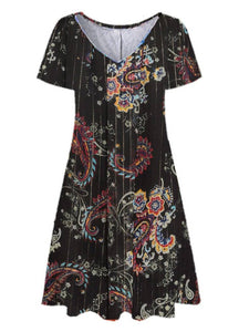 Women Short Sleeve V-neck Floral Printed Midi Dress