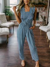 Load image into Gallery viewer, Women Ruffle Detail Lace Up Navy Striped Jumpsuit