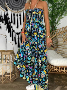 Printing Tube Top Cotton-Blend Sleeveless Floral Maxi Dress