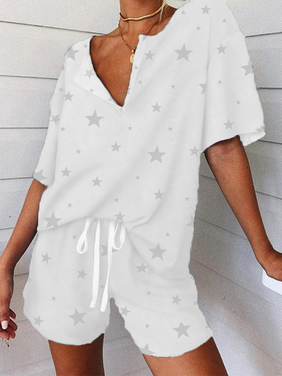 Star Print V-neck Short Sleeve Two-piece Suit