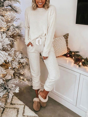 Casual Round Neck Long Sleeve Solid Color Two-Piece Set