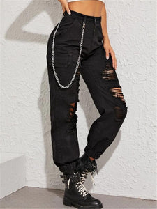 Flap Pocket Side Ripped Cargo Jeans With Chain