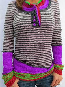 Multicolor Patchwork Striped Knitted Fake Two Long Sleeve Blouses&T-Shirts