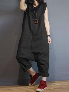 Solid Color Sleeveless V Neck Loose Button Jumpsuit Overalls