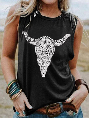 Round Neck Sleeveless Oxhead Print Casual Top