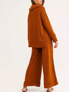 Orange Turtleneck Knitted Long Sleeve Hem Split Set