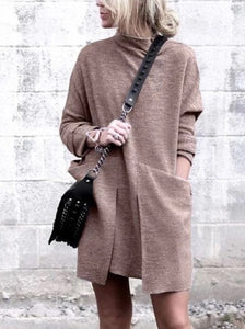 Solid Color Large Pocket Casual High Neck Dress