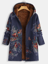 Load image into Gallery viewer, Vintage Print Plus Velvet Cotton and Linen Ladies Long Hooded Zipper Coat