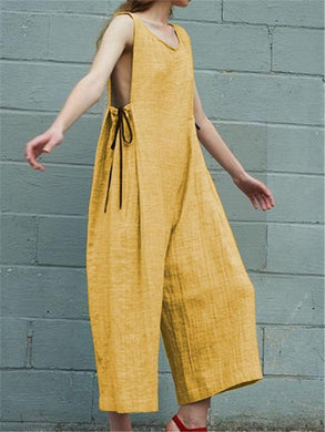 Solid Color Cotton Linen Sleeveless Wide Leg Jumpsuits