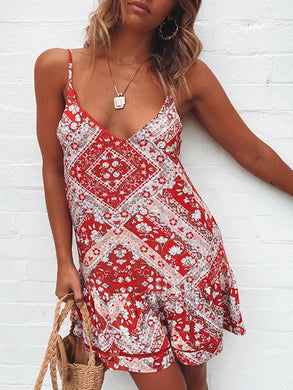 Low-neck Strap Print Mini Dress