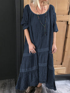 Short-Sleeved Round Neck Loose Cotton Linen Casual Dress