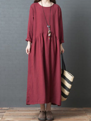 Casual Loose Cotton and Plain Color Long-Sleeved Dress