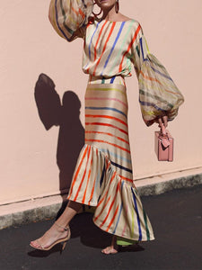 Striped Stitching Lantern Maxi Dresses