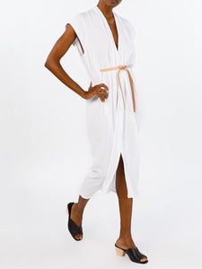 White Lace-Up V-Neck Simple Linen Dress