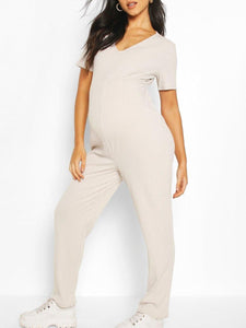 Solid Color Casual V-neck Maternity Slouchy Jumpsuit