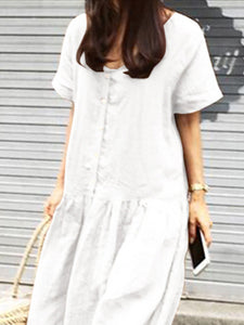 Round Neck Cotton and Linen Casual Dress