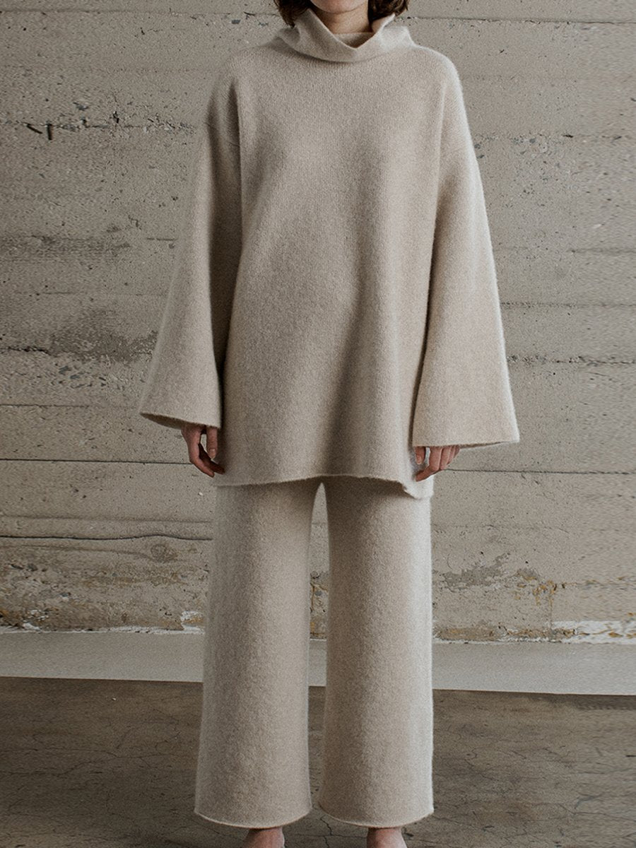 Solid Color Half Turtleneck Knit Top Pants Two Piece Suit