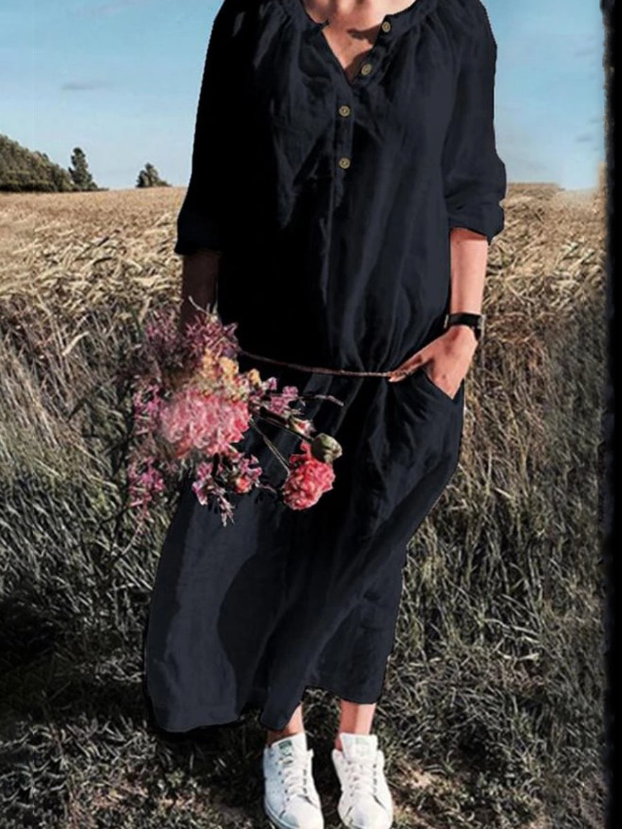 Casual Loose V Neck Long Sleeves Maxi Linen Dress